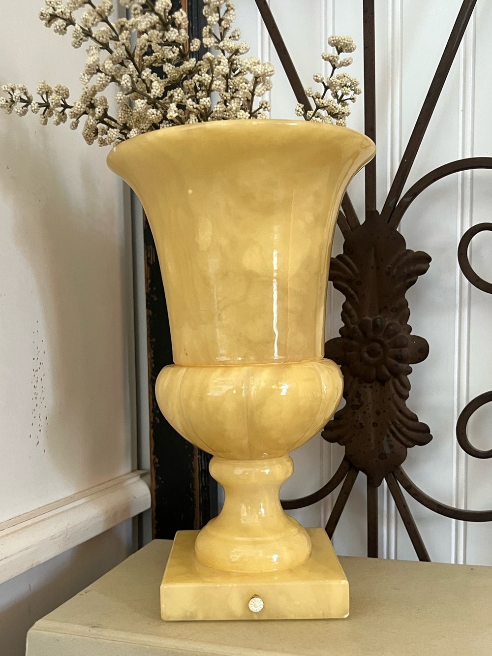 Vintage Neoclassical Alabaster Butter Yellow Urn Vase -